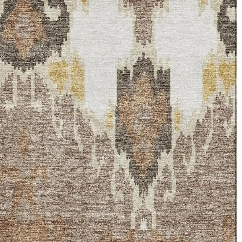 Brown Ivory And Gold Ikat Washable Area Rug With UV Protection Photo 3