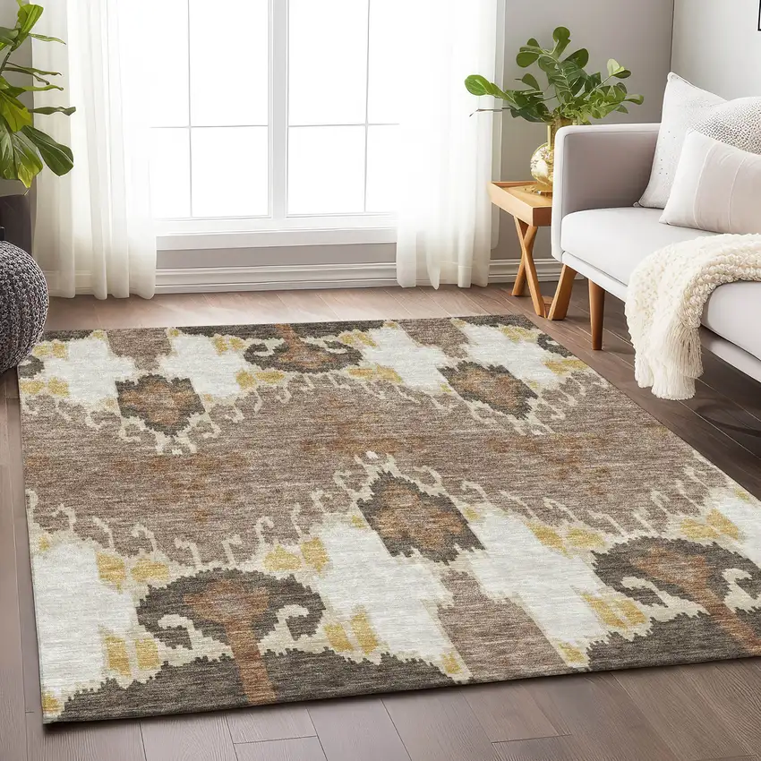 Brown Ivory And Gold Ikat Washable Area Rug With UV Protection Photo 5
