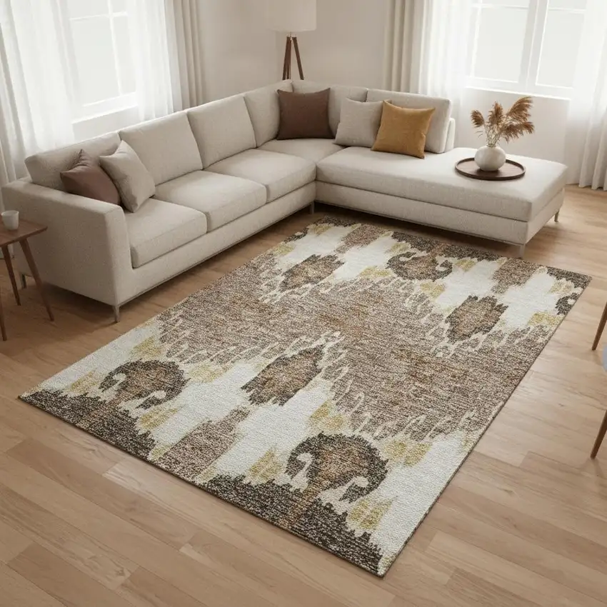 Brown Ivory And Gold Ikat Washable Area Rug With UV Protection Photo 2