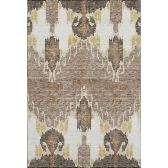 Brown Ivory And Gold Ikat Washable Area Rug With UV Protection Photo 1