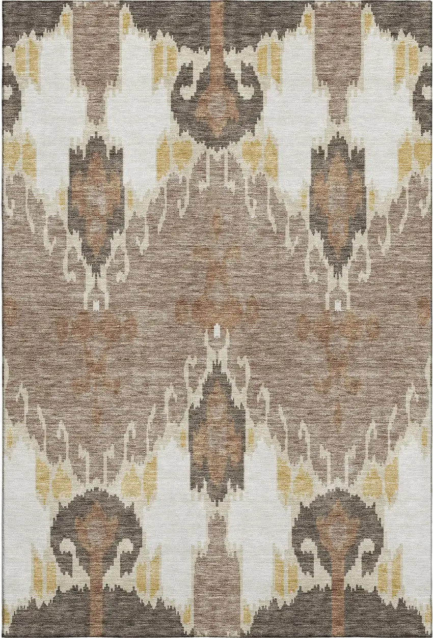 Brown Ivory And Gold Ikat Washable Area Rug With UV Protection Photo 1