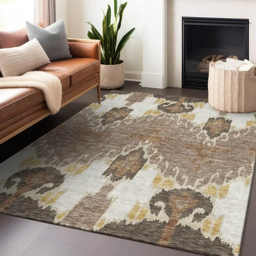 Brown Ivory And Gold Ikat Washable Area Rug With UV Protection Photo 6