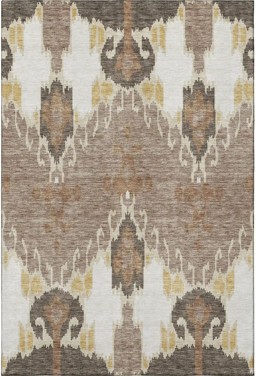 Brown Ivory And Gold Ikat Washable Area Rug With UV Protection Photo 4