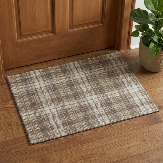 Brown Ivory And Gold Plaid Washable Area Rug With UV Protection Photo 1