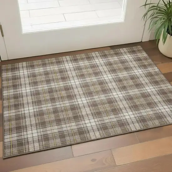 Brown Ivory And Gold Plaid Washable Area Rug With UV Protection Photo 2