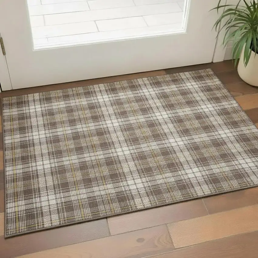 Brown Ivory And Gold Plaid Washable Area Rug With UV Protection Photo 2