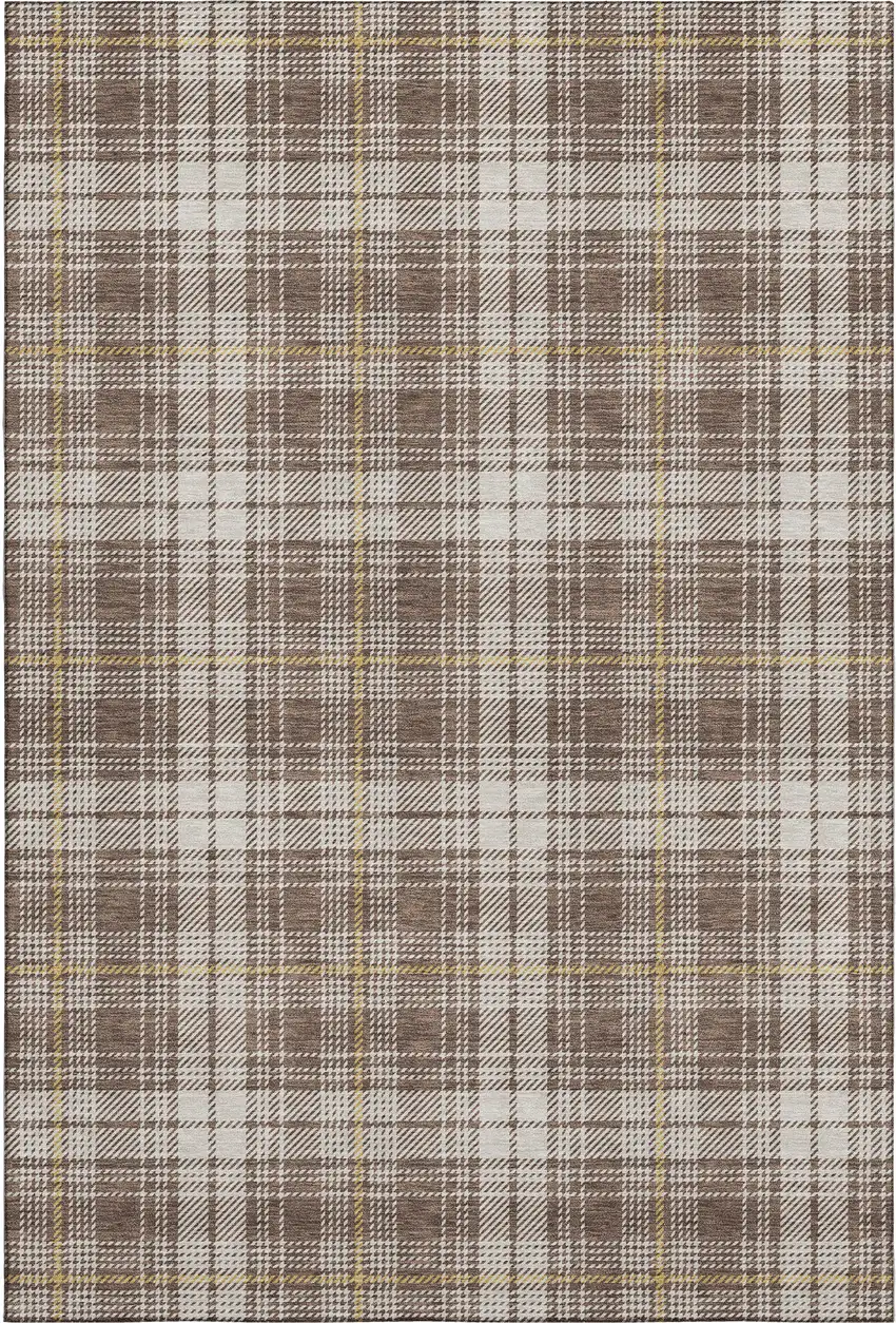 Brown Ivory And Gold Plaid Washable Area Rug With UV Protection Photo 1