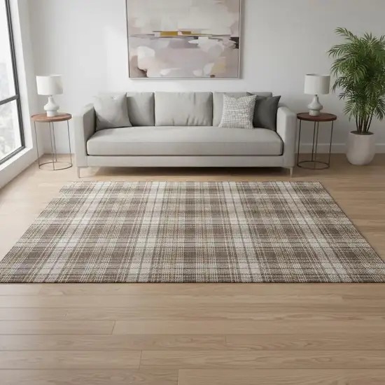 Brown Ivory And Gold Plaid Washable Area Rug With UV Protection Photo 2
