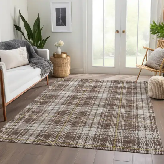 Brown Ivory And Gold Plaid Washable Area Rug With UV Protection Photo 5