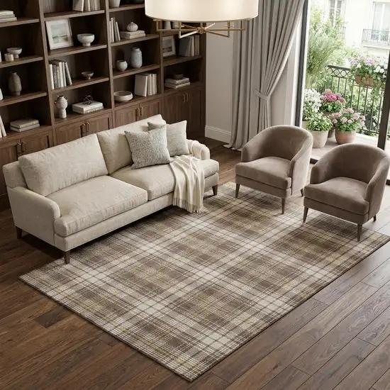 Brown Ivory And Gold Plaid Washable Area Rug With UV Protection Photo 1