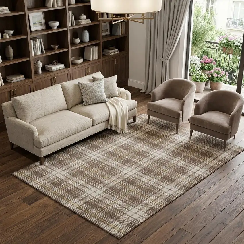 Brown Ivory And Gold Plaid Washable Area Rug With UV Protection Photo 1