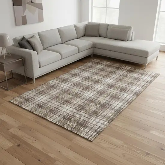 Brown Ivory And Gold Plaid Washable Area Rug With UV Protection Photo 2