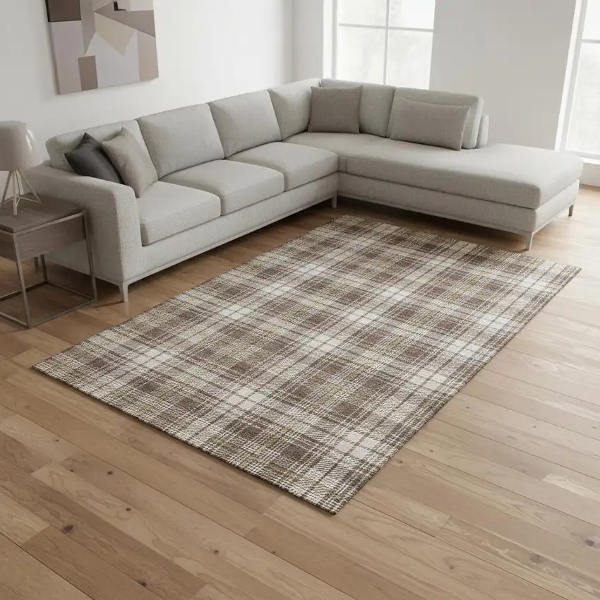 Brown Ivory And Gold Plaid Washable Area Rug With UV Protection Photo 2