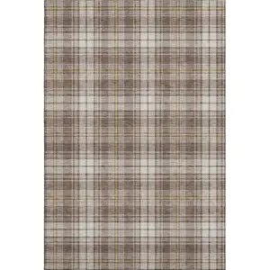 Photo of Brown Ivory And Gold Plaid Washable Area Rug With UV Protection