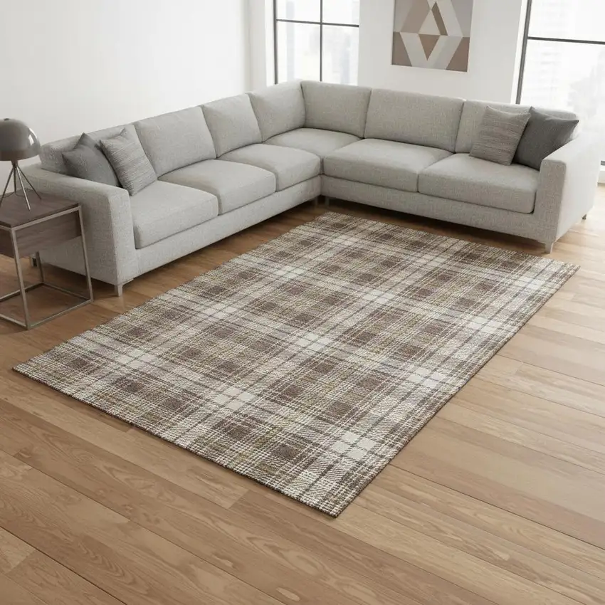 Brown Ivory And Gold Plaid Washable Area Rug With UV Protection Photo 2