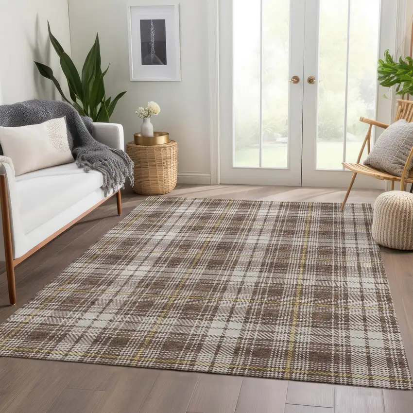 Brown Ivory And Gold Plaid Washable Area Rug With UV Protection Photo 5
