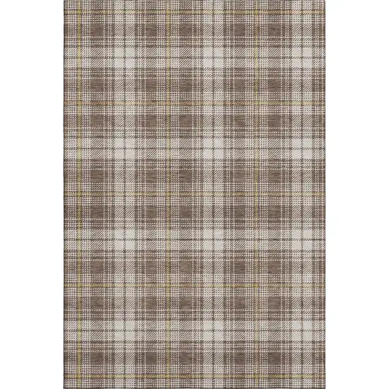 Brown Ivory And Gold Plaid Washable Area Rug With UV Protection Photo 1