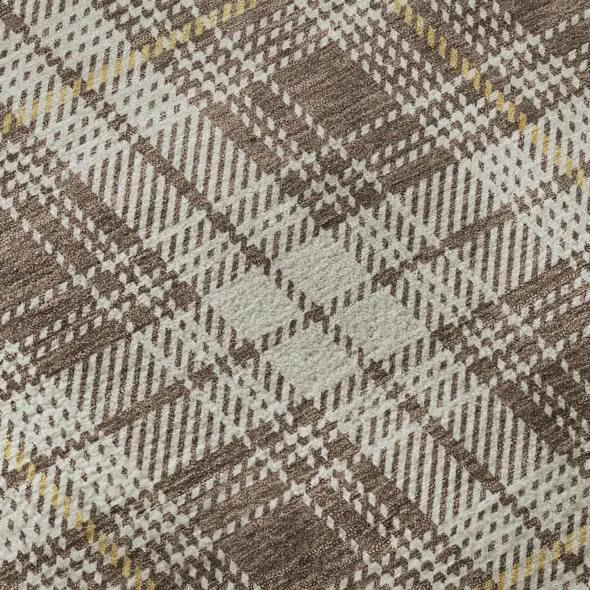 Brown Ivory And Gold Plaid Washable Area Rug With UV Protection Photo 9