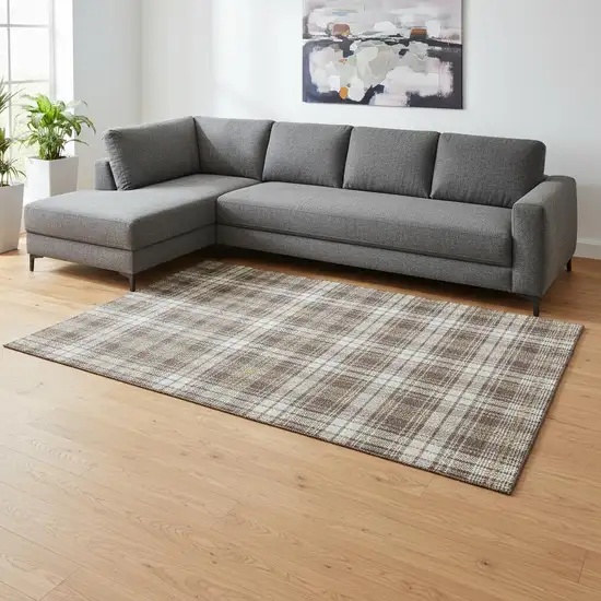 Brown Ivory And Gold Plaid Washable Area Rug With UV Protection Photo 2