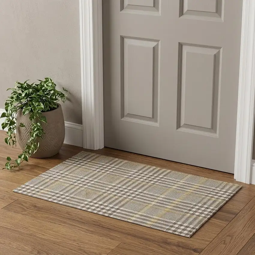 Brown Ivory And Gold Plaid Washable Area Rug With UV Protection Photo 1
