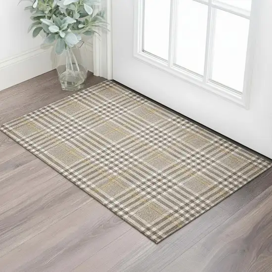 Brown Ivory And Gold Plaid Washable Area Rug With UV Protection Photo 2