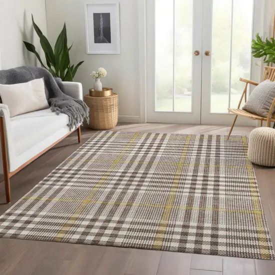 Brown Ivory And Gold Plaid Washable Area Rug With UV Protection Photo 5