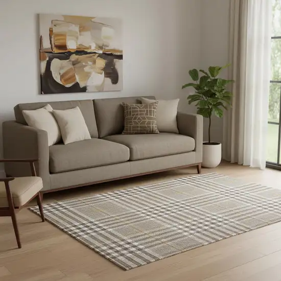 Brown Ivory And Gold Plaid Washable Area Rug With UV Protection Photo 2