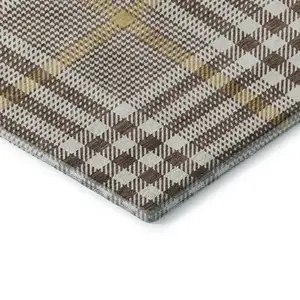 Photo of Brown Ivory And Gold Plaid Washable Area Rug With UV Protection