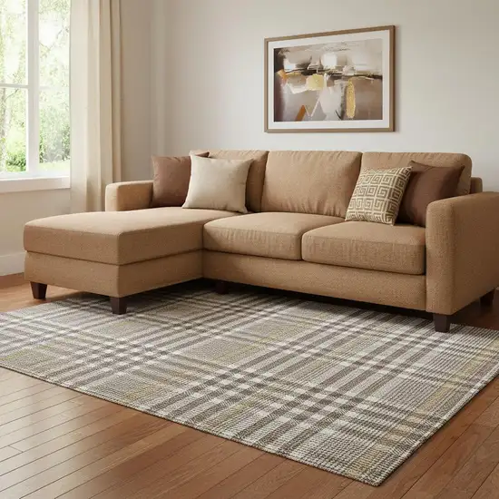 Brown Ivory And Gold Plaid Washable Area Rug With UV Protection Photo 2