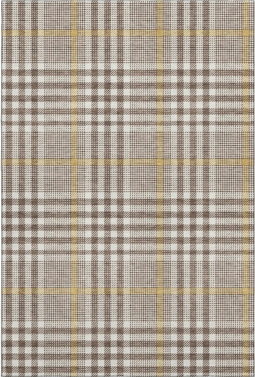 Brown Ivory And Gold Plaid Washable Area Rug With UV Protection Photo 1