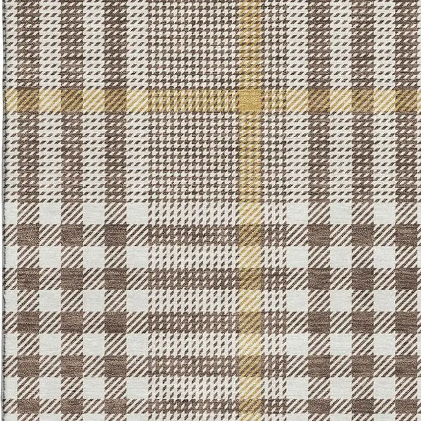 Brown Ivory And Gold Plaid Washable Area Rug With UV Protection Photo 2