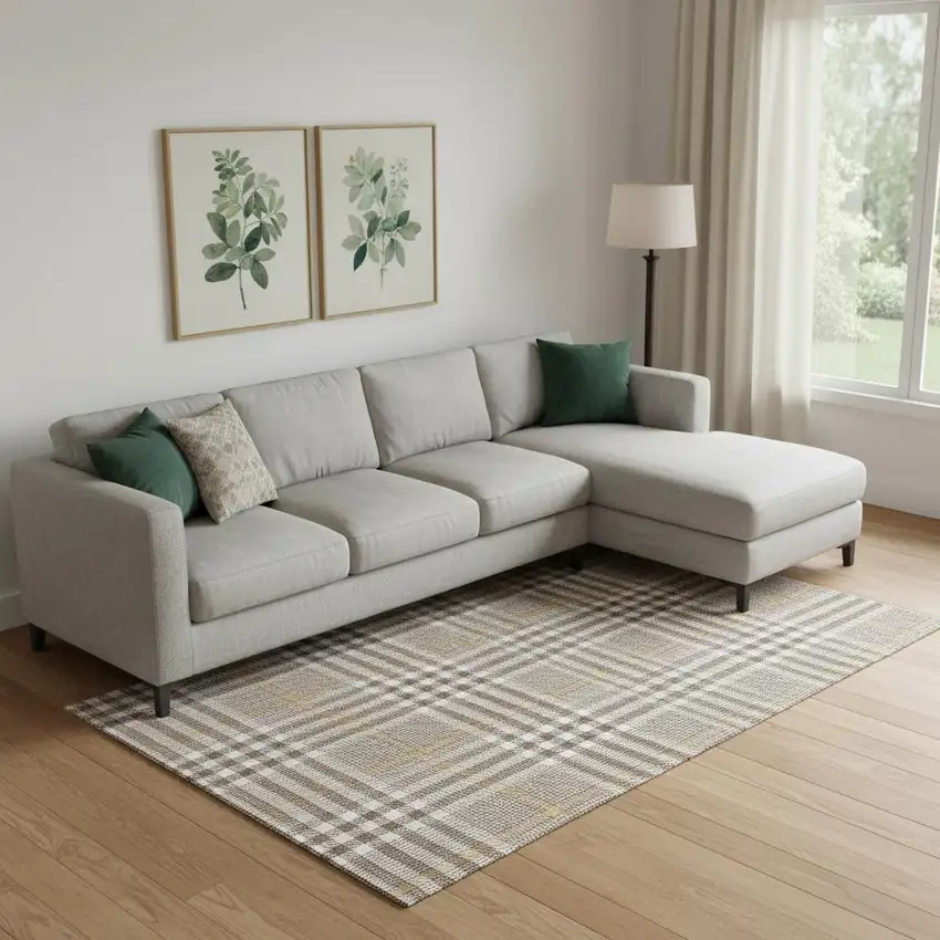 Brown Ivory And Gold Plaid Washable Area Rug With UV Protection Photo 2