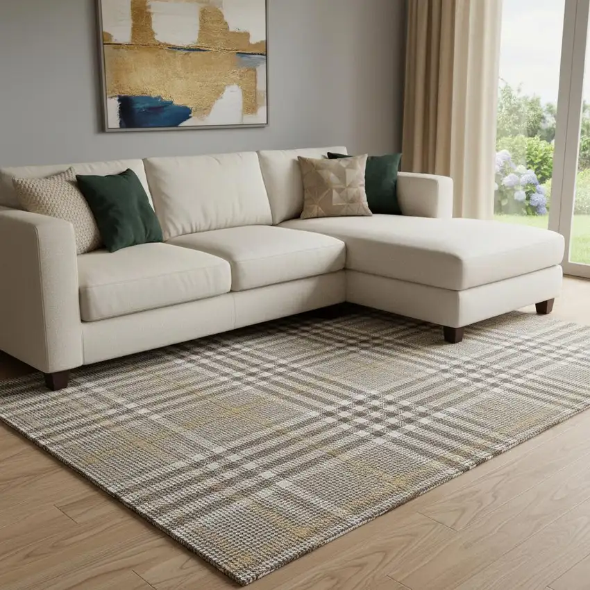 Brown Ivory And Gold Plaid Washable Area Rug With UV Protection Photo 2