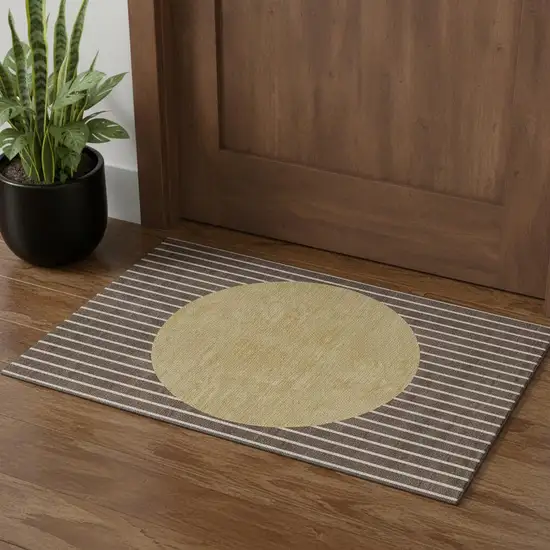 Brown Ivory And Gold Striped Washable Area Rug With UV Protection Photo 1