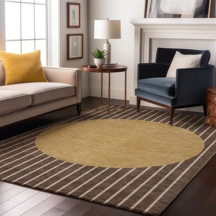 Brown Ivory And Gold Striped Washable Area Rug With UV Protection Photo 4