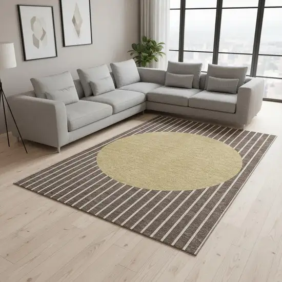 Brown Ivory And Gold Striped Washable Area Rug With UV Protection Photo 2