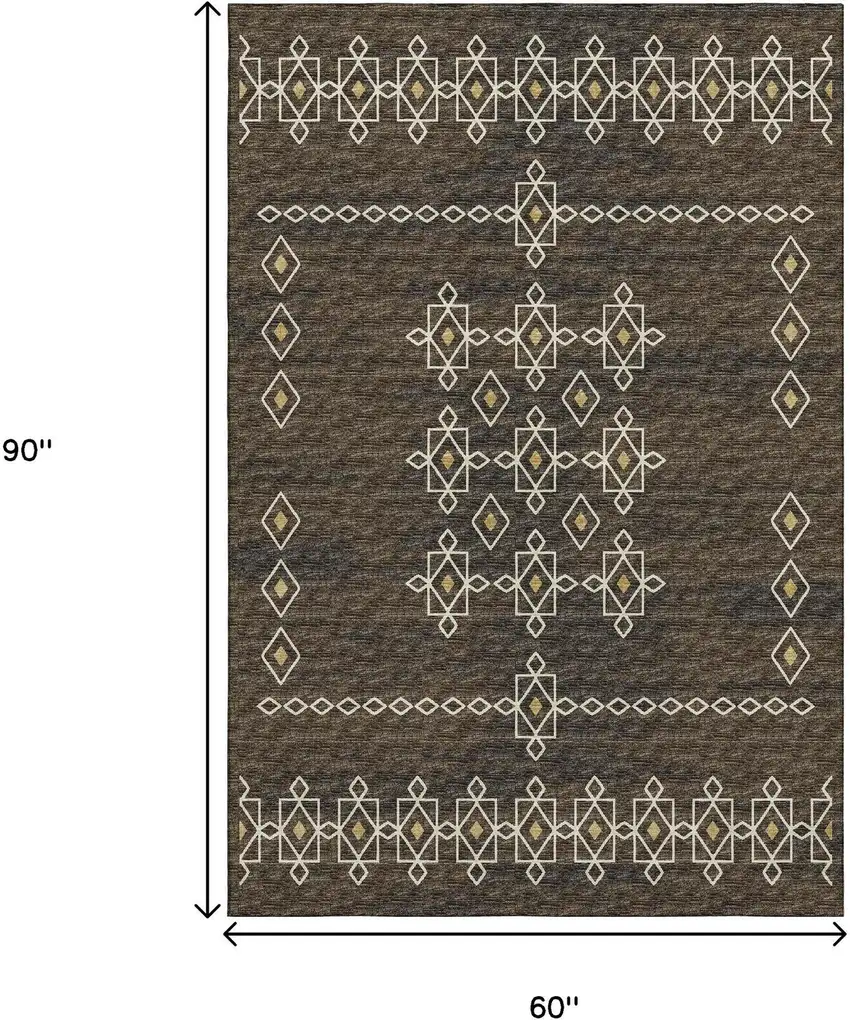 Brown Ivory And Gold Tribal Washable Area Rug With UV Protection Photo 3
