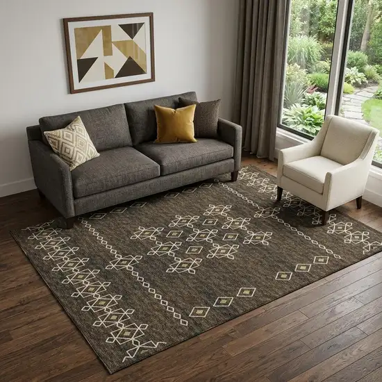 Brown Ivory And Gold Tribal Washable Area Rug With UV Protection Photo 1