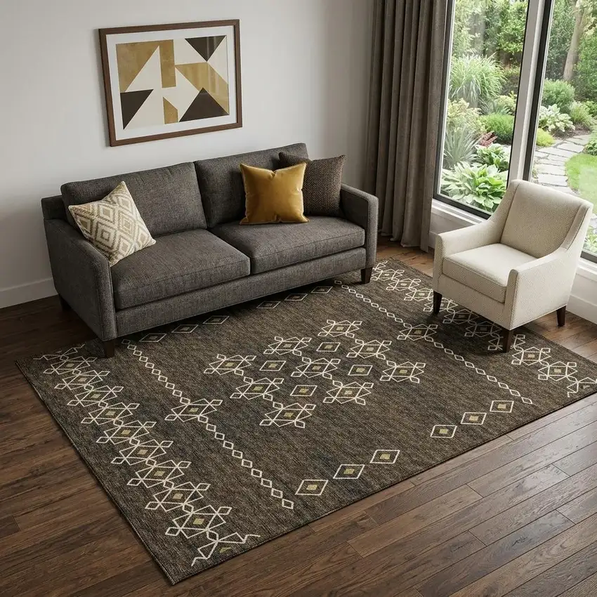 Brown Ivory And Gold Tribal Washable Area Rug With UV Protection Photo 1