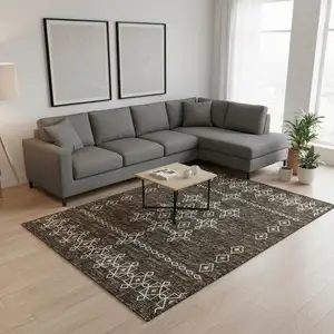 Photo of Brown Ivory And Gold Tribal Washable Area Rug With UV Protection