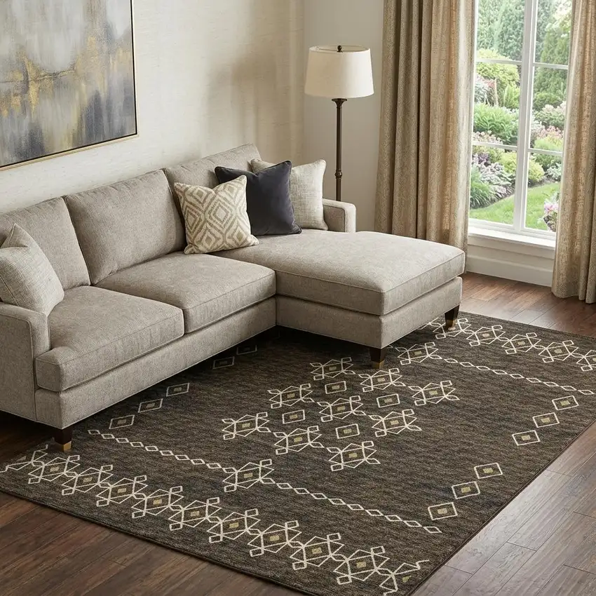 Brown Ivory And Gold Tribal Washable Area Rug With UV Protection Photo 1
