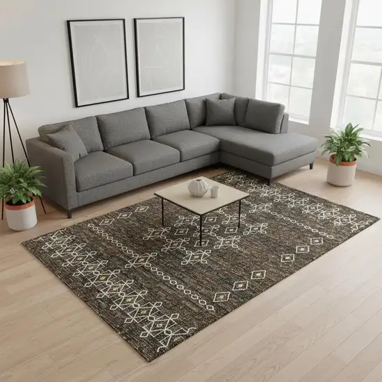 Brown Ivory And Gold Tribal Washable Area Rug With UV Protection Photo 1