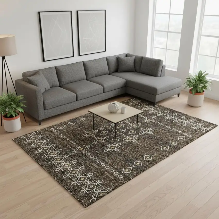 Brown Ivory And Gold Tribal Washable Area Rug With UV Protection Photo 1