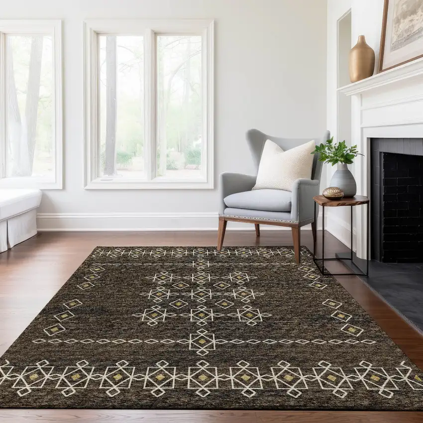 Brown Ivory And Gold Tribal Washable Area Rug With UV Protection Photo 7