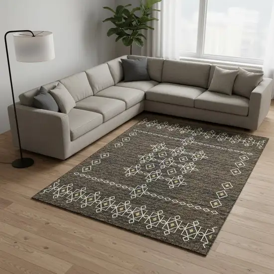 Brown Ivory And Gold Tribal Washable Area Rug With UV Protection Photo 1