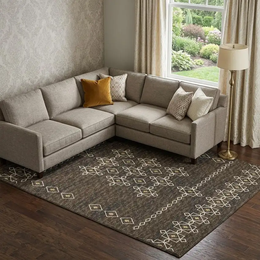 Brown Ivory And Gold Tribal Washable Area Rug With UV Protection Photo 1