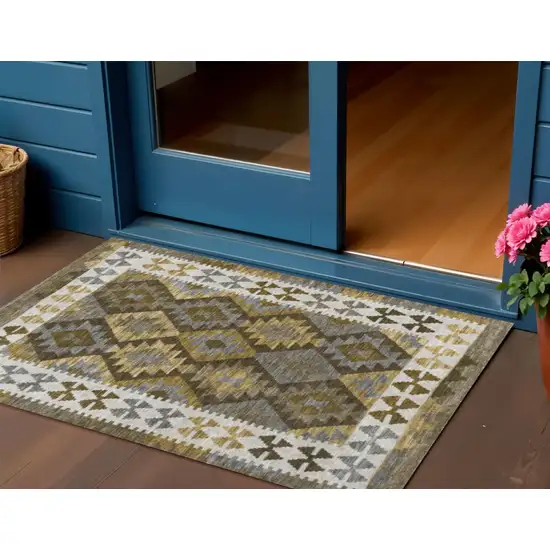 Brown Ivory And Gold Tribal Washable Indoor Outdoor Area Rug Photo 2