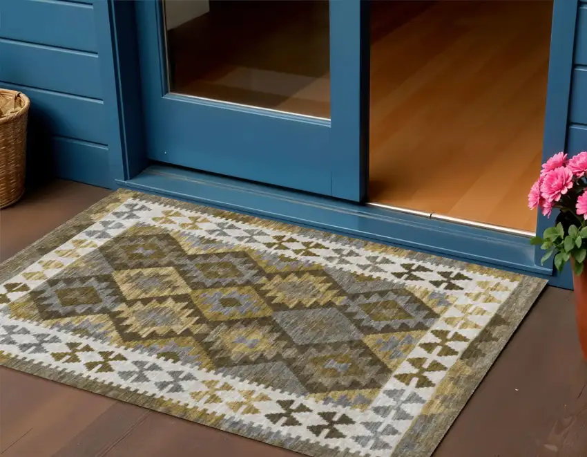 Brown Ivory And Gold Tribal Washable Indoor Outdoor Area Rug Photo 2