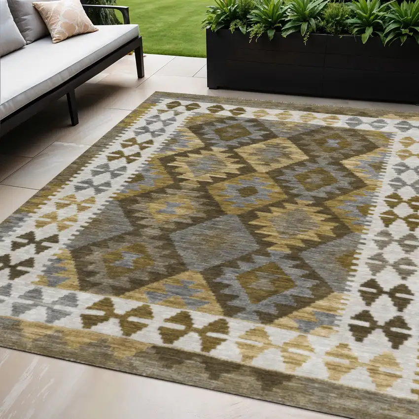 Brown Ivory And Gold Tribal Washable Indoor Outdoor Area Rug Photo 2