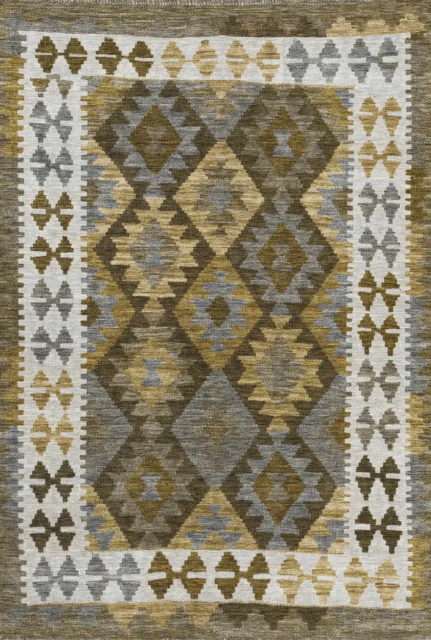 Brown Ivory And Gold Tribal Washable Indoor Outdoor Area Rug Photo 1